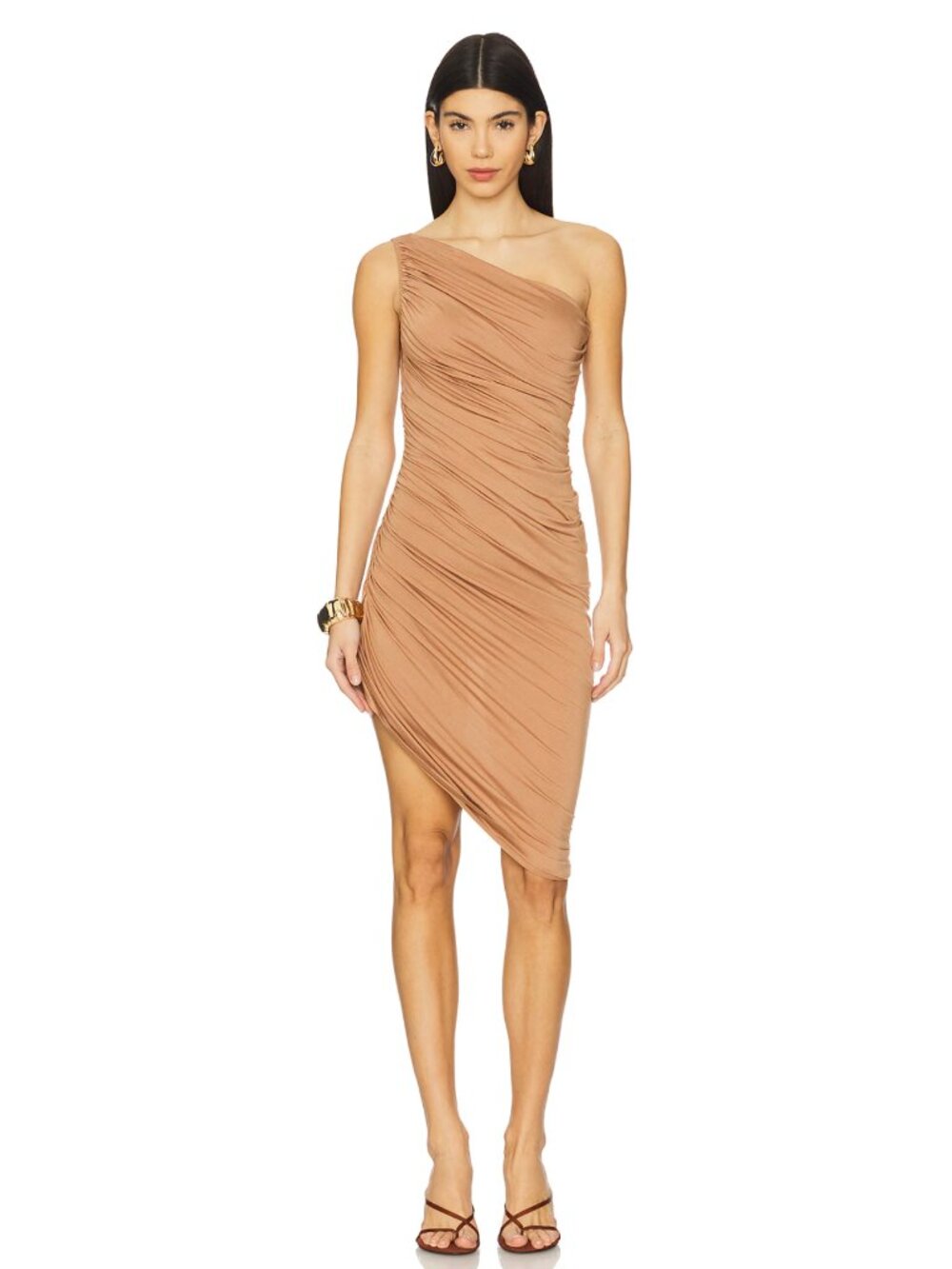 Norma Kamali Diana Mini Dress in Cappuccino Tan Nude Brown One Shoulder Small